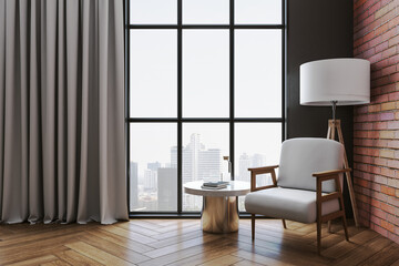 Fototapeta premium Minimalistic living room with armchair, table and city view.