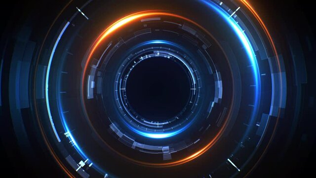 Round sci-fi element for futuristic core visualizer concept. Abstract technology background with center interface in a cyber space. Seamless loop.