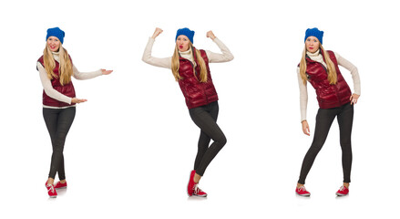 Blond hair girl in bordo vest isolated on white