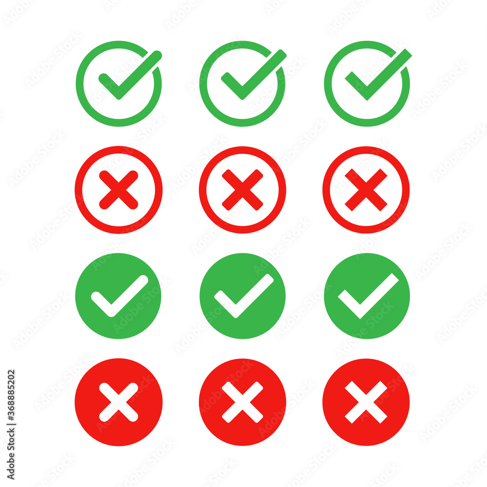 Poster green check mark and red cross icon set. vector isolated elements. tick approved symbol. stock vecto