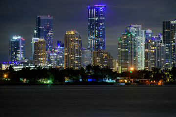 Miami business district, lights and reflections of the night city.