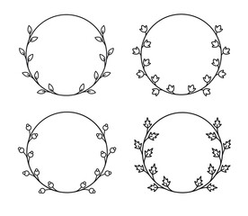 Vector vintage circle wreaths in mono line style. Collection of four floral frames. 