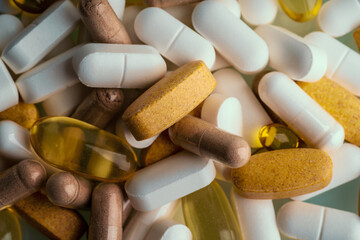 Medication pills background. Different medicine tablets, dietary supplements or drugs.