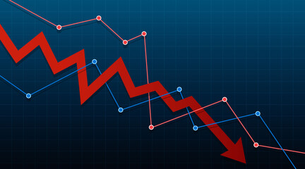 Arrow pointing downwards showing crisis. Stock or financial market crash with copy space. Vector illustration.