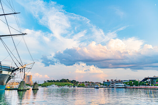 Baltimore, Maryland, US - September 4, 2019 View of Baltimore Harbor with USS Constellation Ship and office buildings