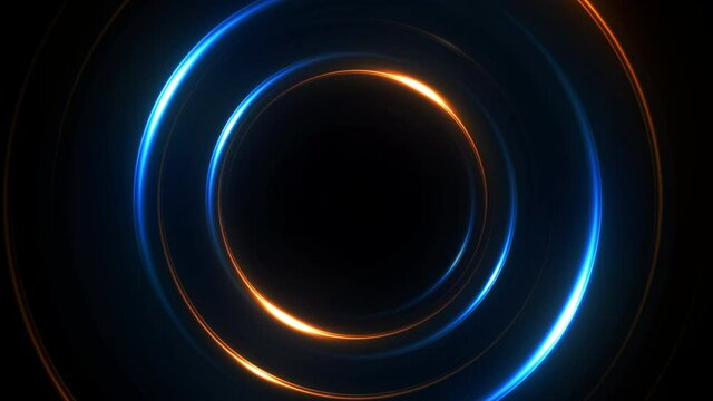 Shiny neon waves come from the center. Light energy effect for abstract magic background. Seamless loop.