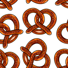 Seamless vector pattern with baked salty pretzel 