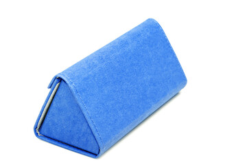 mockup eyewear shopping blue gift box from eco cardboard triangular shape on a white background side view.