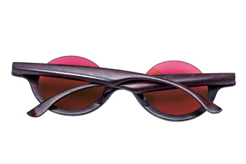 Sunglasses with wooden rim and round red glass rear view, isolated object on white background.