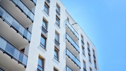 Modern apartment building. Balconies at apartment residential building. Residential architecture.