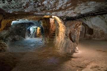 Derinkuyu cave underground city in Cappadocia, Multi-storey city is an ancient cave. Travel concept.