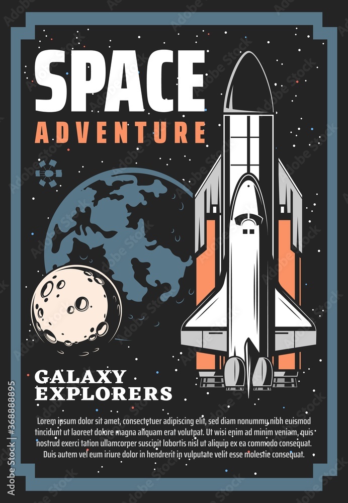 Poster space exploration spaceship and galaxy universe planets vector design. rocket with shuttle, satellit