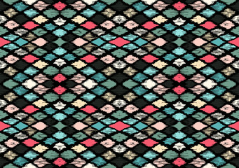 Ikat geometric folklore ornament with diamonds. Tribal ethnic vector texture. Seamless striped pattern in Aztec style. Folk embroidery. Indian, Scandinavian, Gypsy, Mexican, African rug.