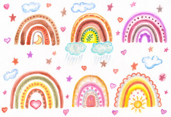 Watercolor set of colorful and cute rainbows.