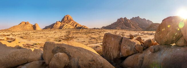 A beautiful panoramic view of the rocky landscape of Spitzkoppe in Damaraland, Namibia.