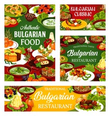 Bulgarian restaurant food vector design of vegetable and meat meal with dessert dishes. Yogurt soup tarator, beef, fruit and bryndza cheese pies, potato stew, buns and cupcakes, vanilla bagel