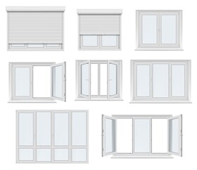 Plastic window and door with roller shutter isolated vector mockup. Realistic white windows and doors with metal rolling blinds, glass panels and PVC frame profiles, 3d design of architecture elements