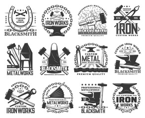 Blacksmith, metal or iron work vector icons with metalworking tools. Anvils, forge hammers and sladgehammers, horseshoes, chain and tongs, calipers, vintage hand bellows and forging furnace