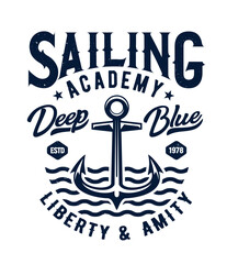 Anchor and sea waves t-shirt print vector mockup of sailing and yachting sport. Nautical ship, sailboat or yacht racing competition, regatta or sailing academy blue badge, custom apparel template © Vector Tradition