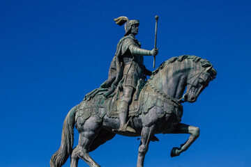 Closeup of the monument and the statue located at The Marquis of Pombal Square, an important roundabout in the city of Lisbon, the coastal capital city of Portugal 
