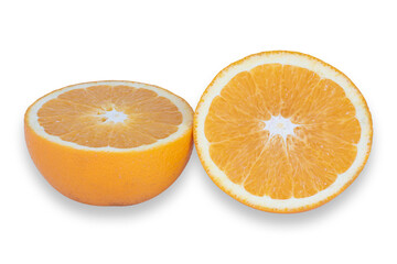 Ripe orange isolated on white background cut into pieces. Cut Path. Copy space.