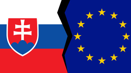 Vector illustration of the flags of the European Union and Slovakia, with a split/tear/fissure in between, indicating a conflict/disagreement/parting between the two.
