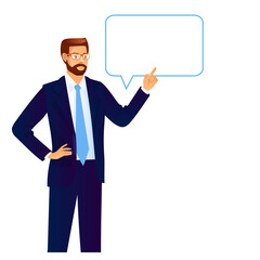 businessman in a business suit points finger to speech bubble