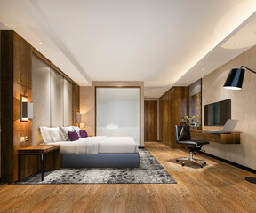 3d rendering luxury bedroom suite in resort high rise hotel with working table