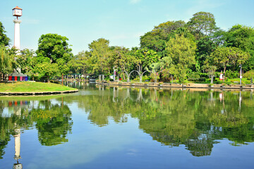 Fototapeta na wymiar Outdoor park water pond at Dusit Zoo in Khao Din Park, Bangkok, Thailand