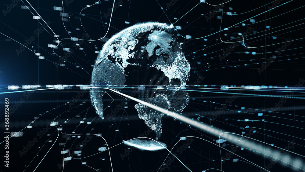 Poster white blue earth particle data network digital technology concept. futuristic business global networ