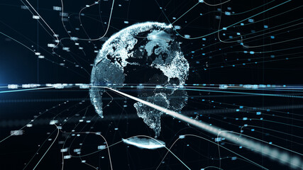 White Blue Earth Particle Data Network Digital Technology Concept. Futuristic Business Global Network Data Globe Map Cyberspace Background. 3D Rendering.