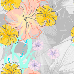 Pink Flowers Blooming Pattern. Pastel Watercolor.