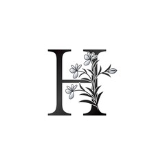 Nature Flower Initial Letter H Logo, Elegant Black and White Nature Flowers Ornate Style Vector Design.