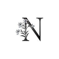 Nature Flower Initial Letter N Logo, Elegant Black and White Nature Flowers Ornate Style Vector Design.