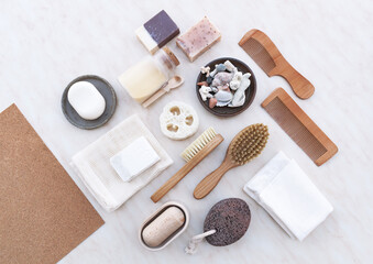 Fototapeta na wymiar Set of Soap Eco Bag, bamboo toothbrush, Geometry natural Eco cosmetics products and tools.