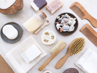 Set of Soap Eco Bag, bamboo toothbrush, Geometry natural Eco cosmetics products and tools.