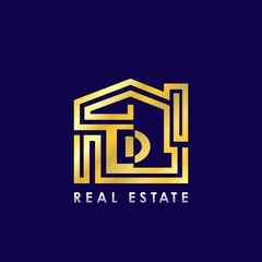 Golden D Line House Logo Template Design for Building Real Estate Business Identity Logo Icon.