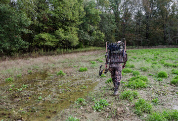 Deer  archery hunter walking through forest during hunting season, carrying bow and arrow. ...