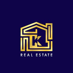 Golden K Line House Logo Template Design for Building Real Estate Business Identity Logo Icon.