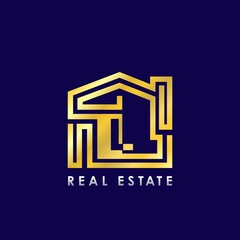 Golden L Line House Logo Template Design for Building Real Estate Business Identity Logo Icon.