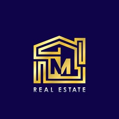 Golden M Line House Logo Template Design for Building Real Estate Business Identity Logo Icon.