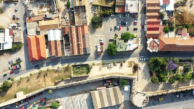 Flying ove Famagusta old town. Cyprus