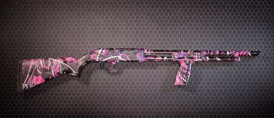 Shotgun with pink camouflage effect on a textured background.