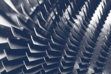 Closeup of Steel blades of turbine propeller. Close-up view. Selected focus on foreground