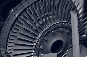 Closeup of Steel blades of turbine propeller. Close-up view. Selected focus on foreground