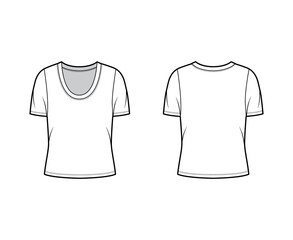 Scoop neck jersey t-shirt technical fashion illustration with short sleeves, oversized body. Flat apparel template front, back, white color. Women, men unisex outfit top CAD mockup