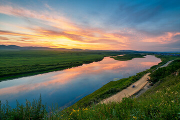 Fototapeta na wymiar Ergun River sunriseand sunset landscape in Linjiang Ergun city Inner Mongolia, China.