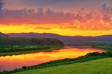 Naklejka na ściany i meble Ergun River sunriseand sunset landscape in Linjiang Ergun city Inner Mongolia, China.