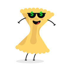 Cute flat cartoon Italian pasta illustration. Vector illustration of cute pasta with a smiling expression.