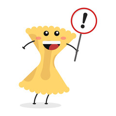 Cute flat cartoon Italian pasta holding a sign illustration. Vector illustration of cute pasta with a smiling expression.
